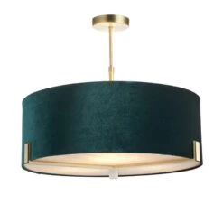 Nina Three Light Pendant In Antique Brass With Green Velvet Shade