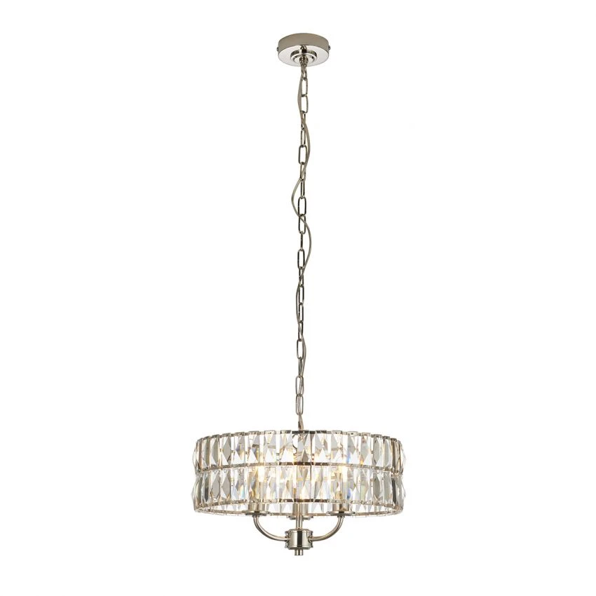 Clayton Crystal Glass Three Light Pendant In Bright Nickel 1 Clayton Crystal Glass Three Light Pendant In Bright Nickel